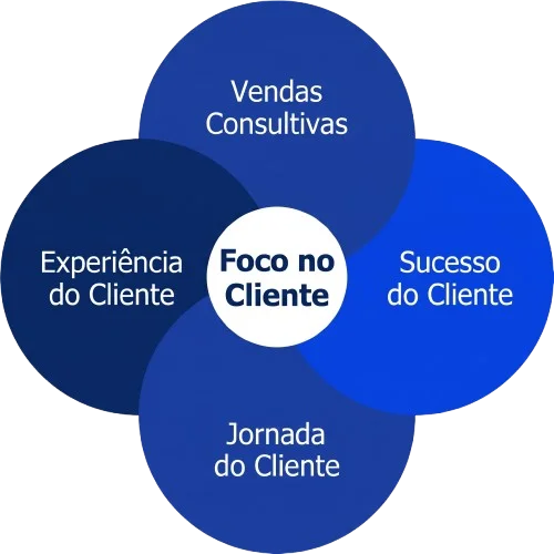 Diagrama com foco no cliente: vendas consultivas, experiência do cliente, sucesso do cliente e jornada do cliente