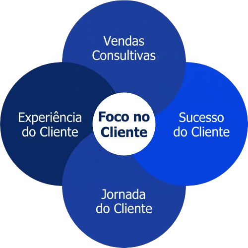 Diagrama com foco no cliente: vendas consultivas, sucesso do cliente, experiência do cliente e jornada do cliente